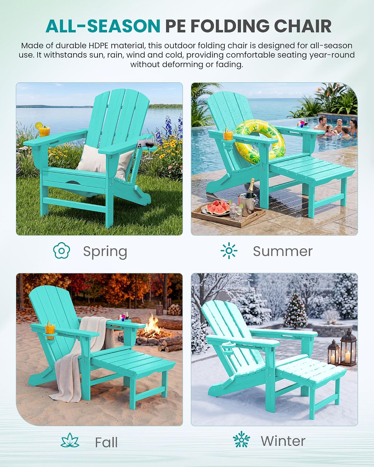 SERWALL Folding Adjustable Adirondack Chairs with Footrest Set of 2, HDPE Outdoor Chair with Dual Cup Holders, All Weather Adirondack Chair with Ottoman, Aruba