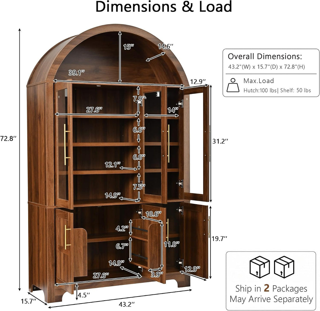 73" Tall Arched Kitchen Pantry with Three Glass Doors,Door Shelves & Adjustable Shelves, Tall Cupboard for Dining Room, Bathroom (Walnut-CW)