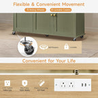 ONBRILL 60" Kitchen Island with Power Outlet & Drop Leaf, Rolling Island with Spice Rack & Towel Rack, Kitchen Island Cart with Trash Storage Cabinet, Island Table for Kitchen, Green