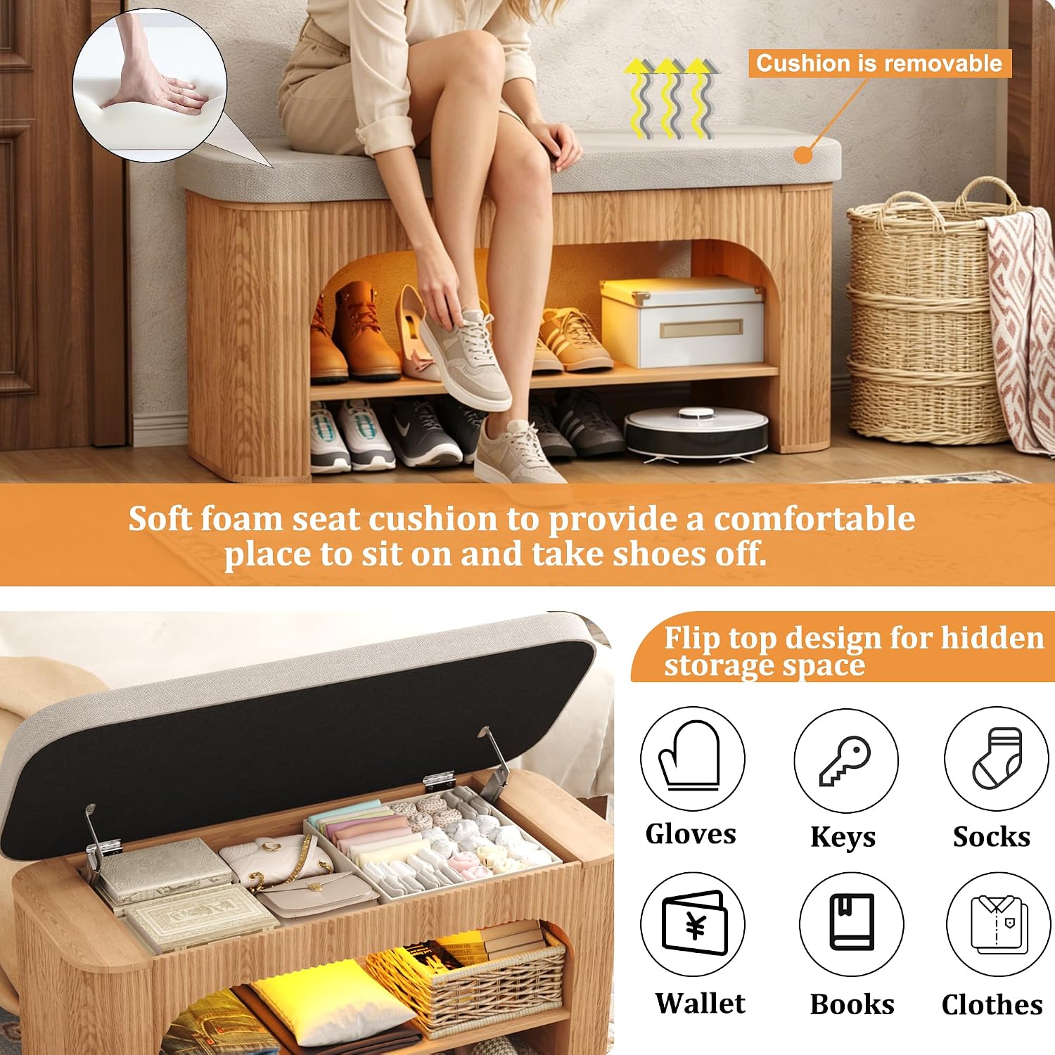 HOMEFORT 40.2" Fluted Storage Bench with Built-in LED Light, Flip-Top Shoe Bench with Cushioned Seat and Open Storage Shelf,Wood Accent Arched Bench for Entryway, Bedroom, Living Room, Natural Oak