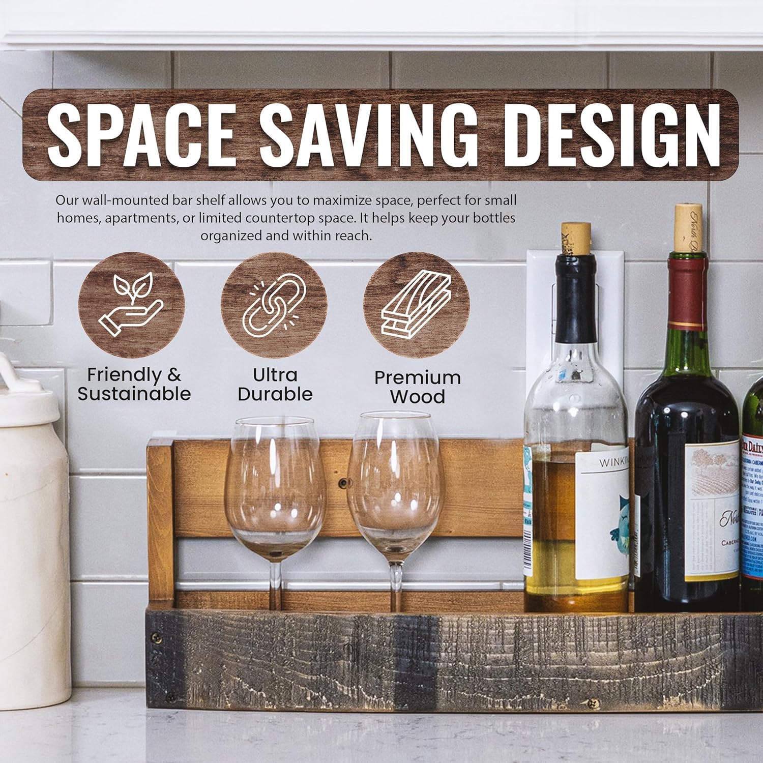 Liquor Bottle Display Shelf – Bar Shelf for Whiskey, Wine & Bourbon – Rustic Wall-Mounted Wooden Shelves, Countertop Rack, Stylish & Space-Saving Small Liquor Cabinet for Enthusiasts (Set of 2)