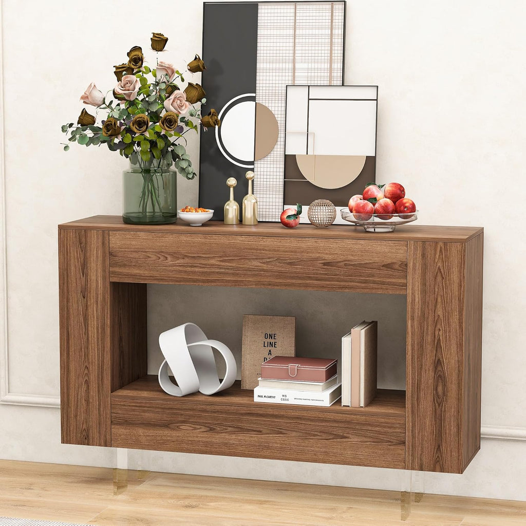 Console Table Entryway Table with Push-Open Doors - Modern Sofa Table with Open Shelf for Foyer, Living Room, Bedroom, Woodgrain Finish, Brown