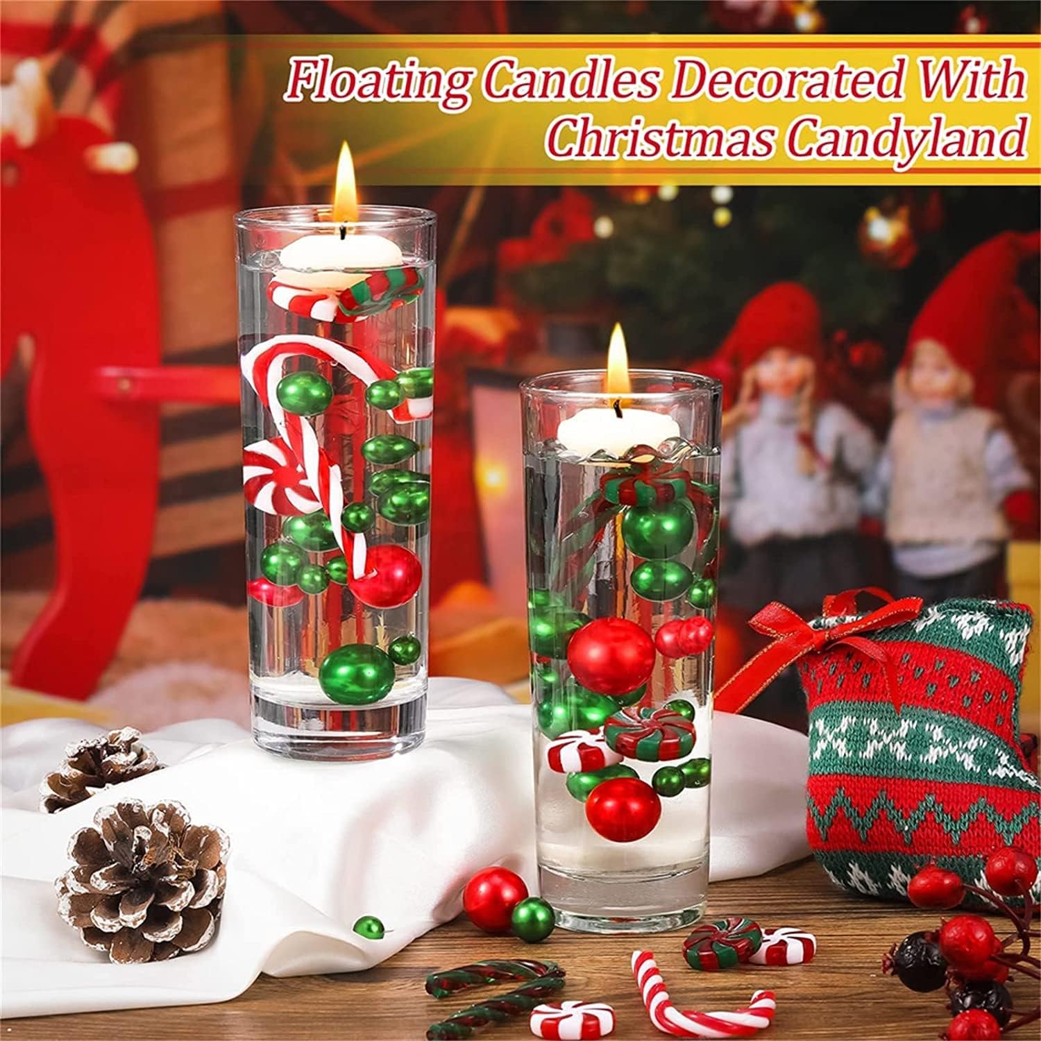 10065Pcs Christmas Vase Fillers Floating Candles and Candy Water Beads Christmas Filler Faux Pearls for Vase Filler Table Centerpieces Christmas Home Party Decoration (Style A-7065pcs)