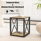 Modern Industrial End Table Nightstand with Tempered Glass Top & Natural Wood MDF, 3-Tier Storage, X-Frame Metal Base, Space-Saving Side Table for Bedroom & Living Room