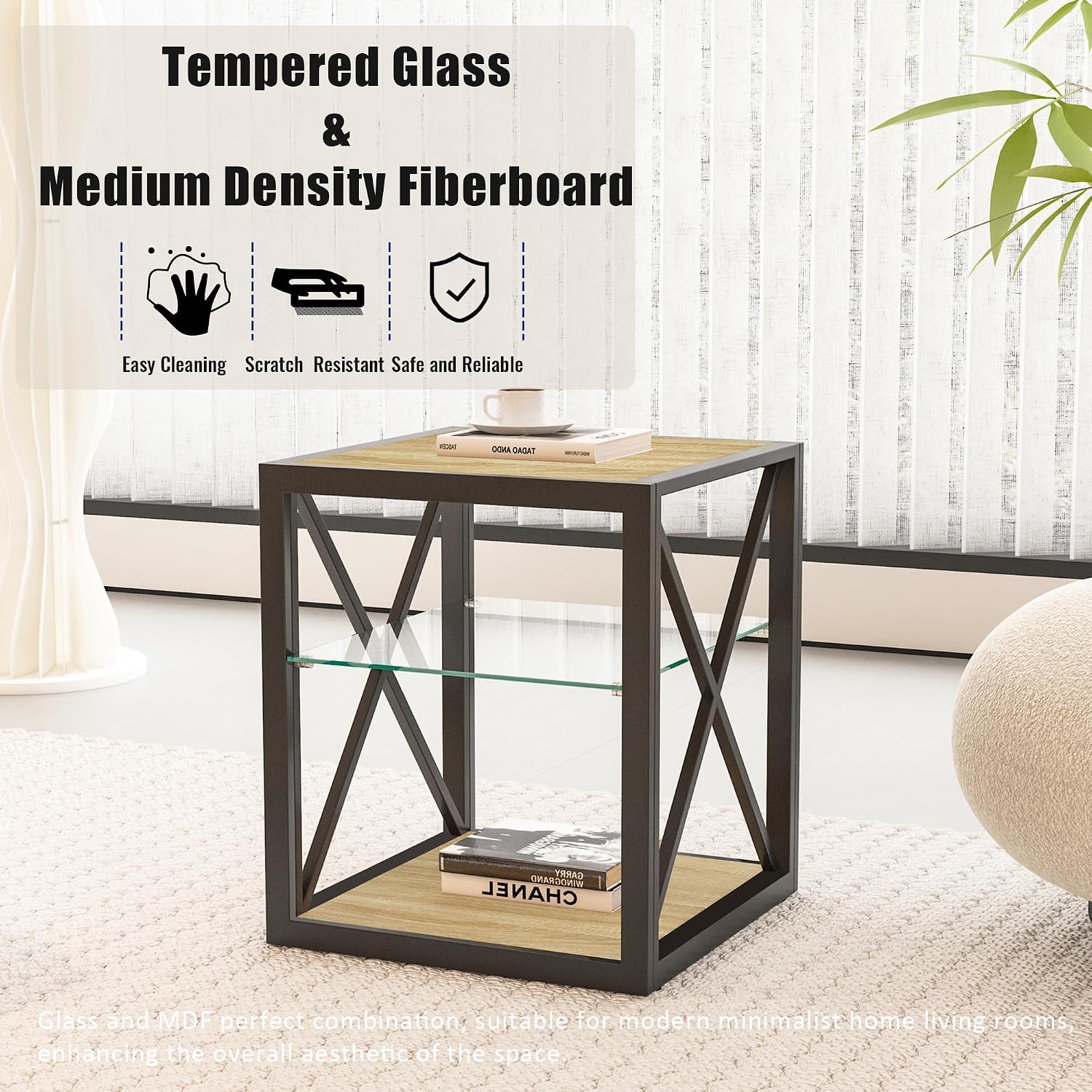 Modern Industrial End Table Nightstand with Tempered Glass Top & Natural Wood MDF, 3-Tier Storage, X-Frame Metal Base, Space-Saving Side Table for Bedroom & Living Room