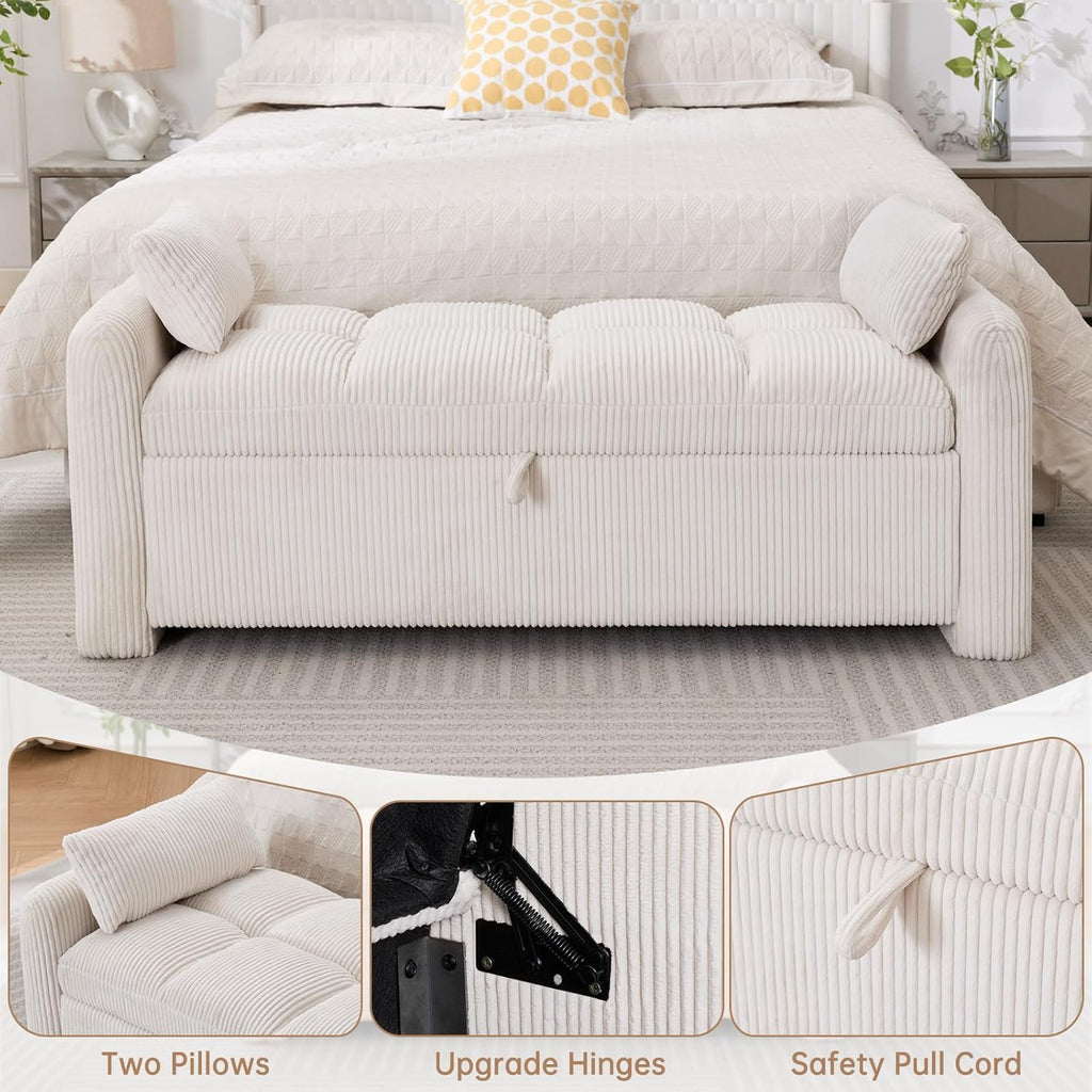 Storage Bench for Bedroom End of Bed, Upholstered Storage Ottoman Bench with Pillows for Foot of Bed, Bedroom,Living Room, Entryway, Corduroy White