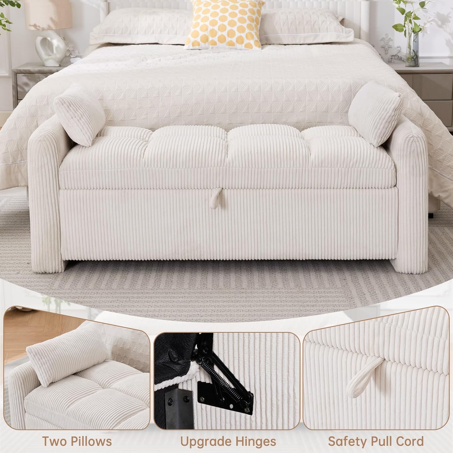 Storage Bench for Bedroom End of Bed, Upholstered Storage Ottoman Bench with Pillows for Foot of Bed, Bedroom,Living Room, Entryway, Corduroy White