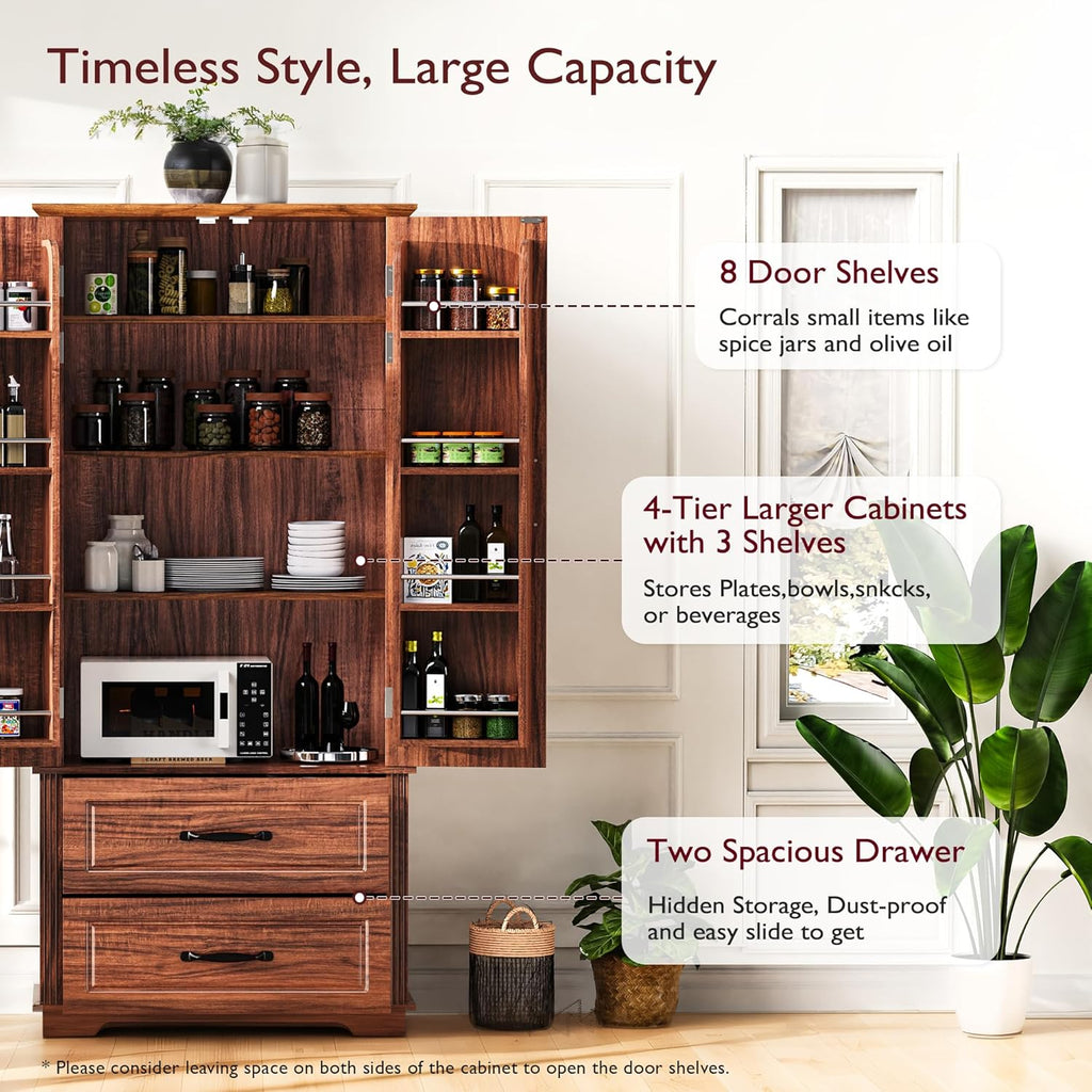 71" Kitchen Pantry with 2 Large Drawers,Embossed Texture Freestanding Cupboard with 8 Door Shelves and 3 Shelves,for Dining Room Living Room (Laundry Brown#i)