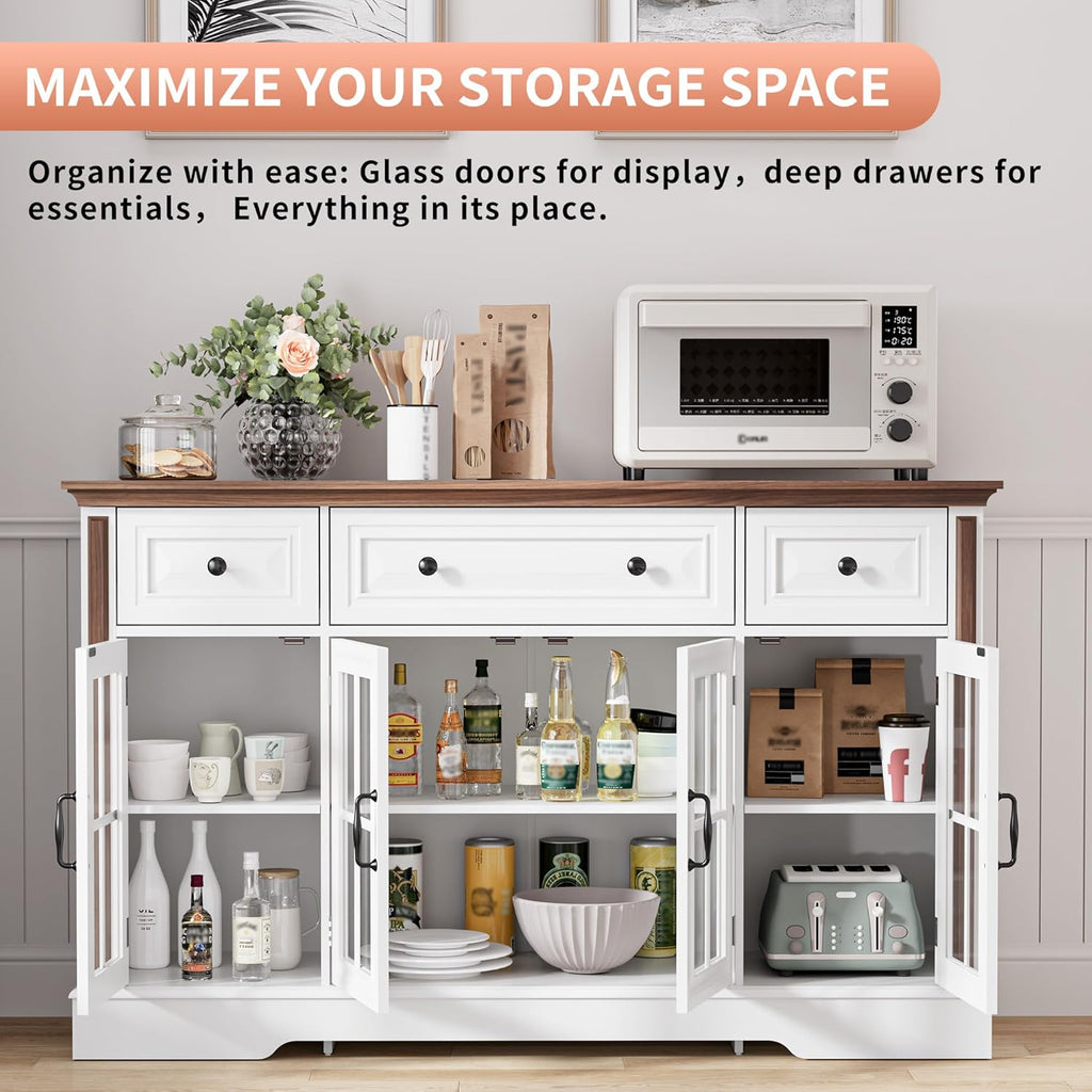 Sideboard Buffet Cabinet with Storage and Glass Doors,4-Door Cabinet with 3 Drawers,53.5" Farmhouse Modern Sideboard with Adjustable Shelves,Coffee Bar Cabinet for Kitchen & Dining Room,White
