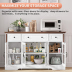 Sideboard Buffet Cabinet with Storage and Glass Doors,4-Door Cabinet with 3 Drawers,53.5" Farmhouse Modern Sideboard with Adjustable Shelves,Coffee Bar Cabinet for Kitchen & Dining Room,White