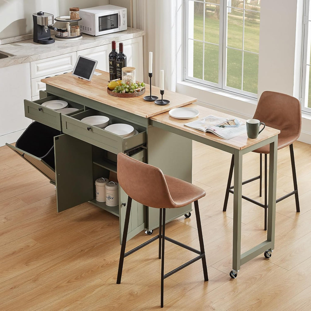 Kitchen Islands with Extendable Dining Table, Mobile Storage Islands, Green | 81.7" Rolling Kitchen Cart with Trash Cabinet, Power Outlet, Spice Rack & Towel Rack