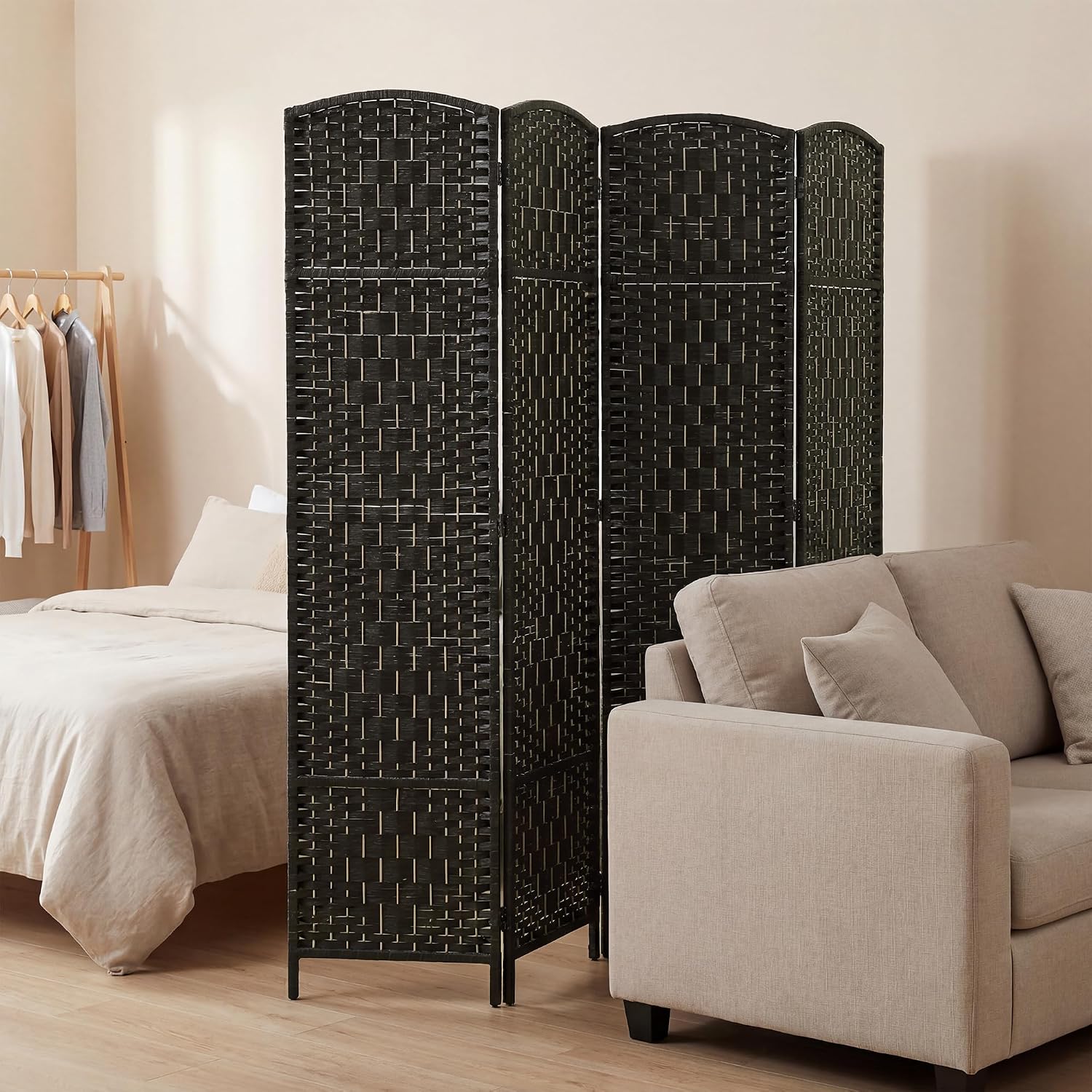 HOMCOM Room Divider 4 Panel, 6FT Tall Folding Privacy Screen, Freestanding Hand-Woven Partition for Room Separation with 360° Hinges, Paper Rope Diamond Weave, Coffee