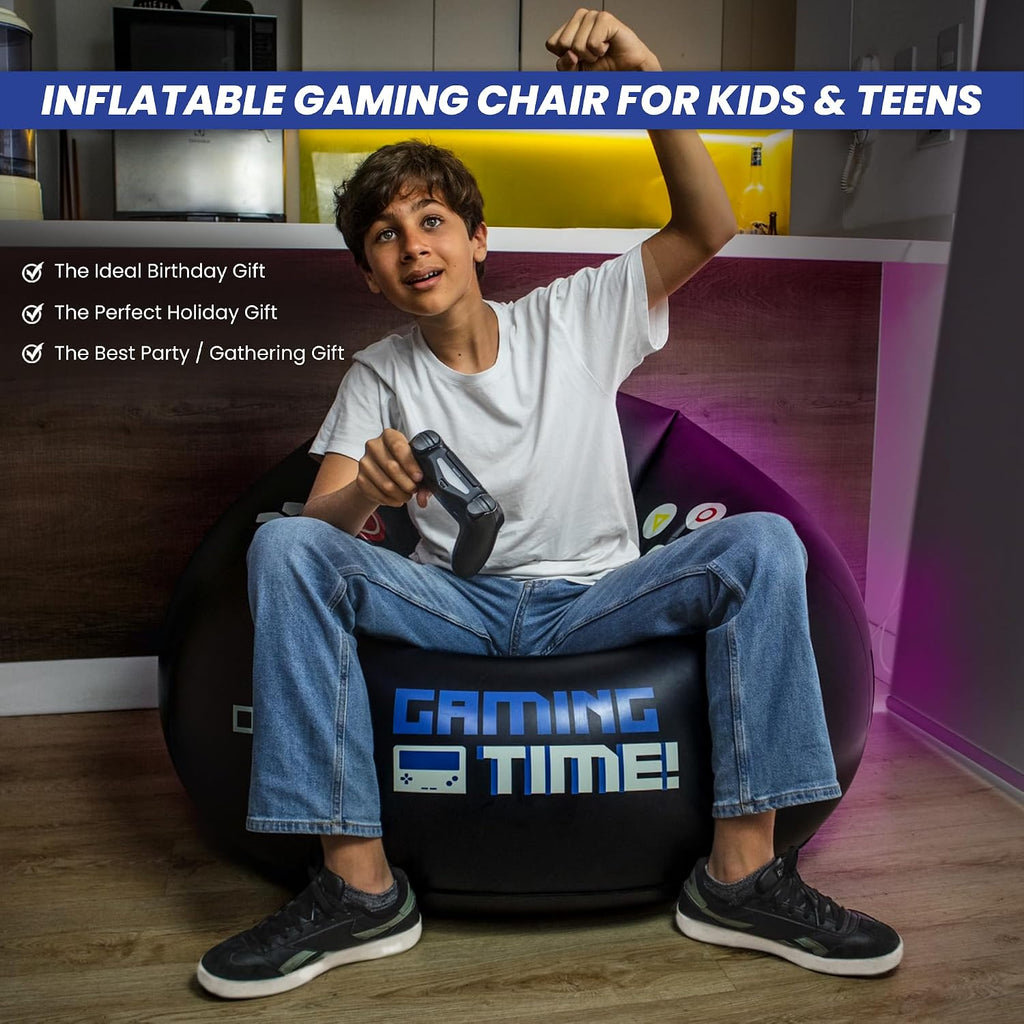 Inflatable Gaming Chair for Kids & Teens with Cup Holders and Side Pocket - This Air Gaming Bean Bag Chairs for kids is The Perfect Furniture for Gamer Room Decor - Perfect Gaming Stuff for boys 4-12