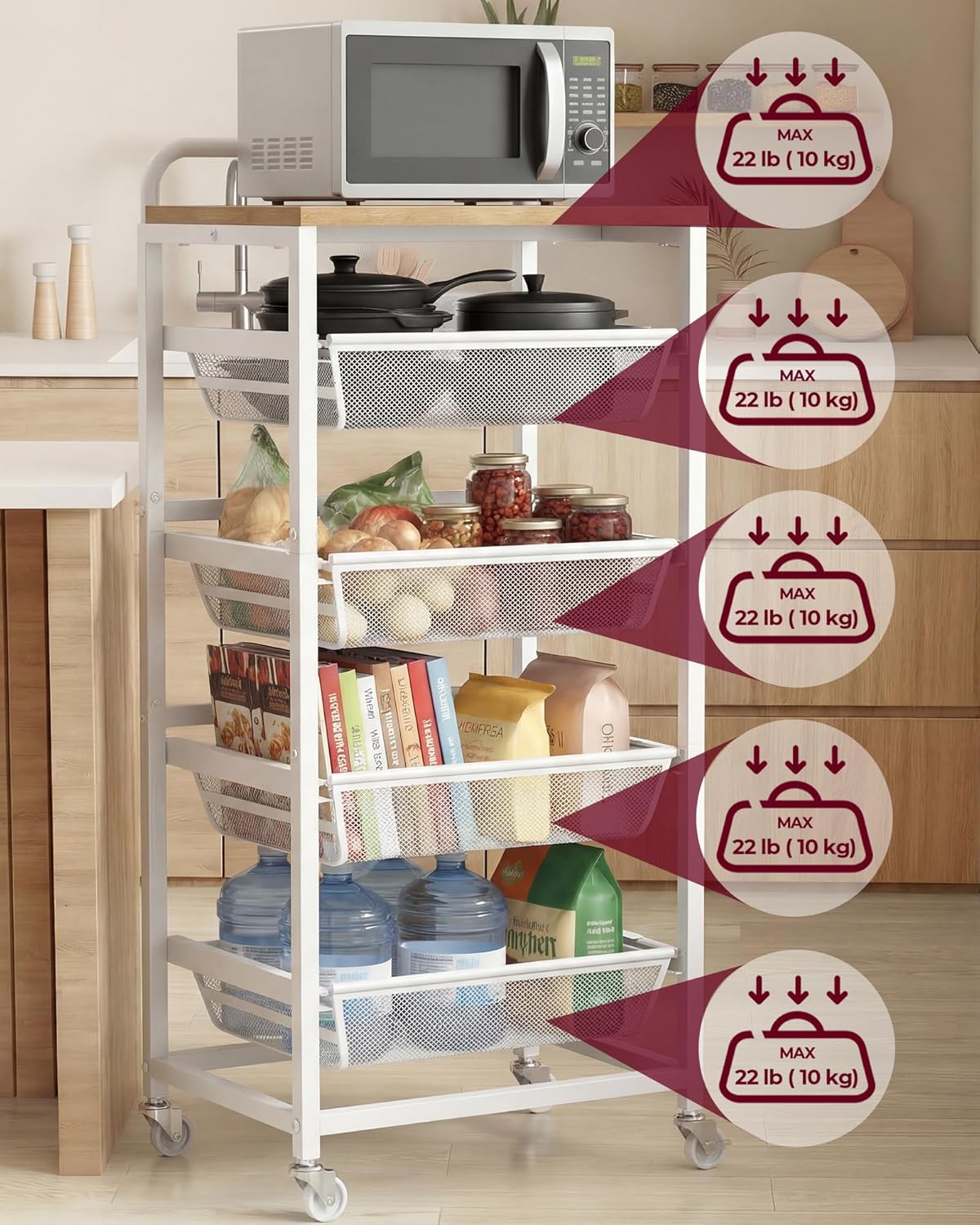 VASAGLE Storage Rolling Cart with Pull-Out Baskets, 5-Tier Utility Cart Orgnizer with Wheels for Laundry Room, Kitchen, Handle, 12.5 x 15.8 x 37.4 Inches, Golden Oak and Matte White ULRC041YA01