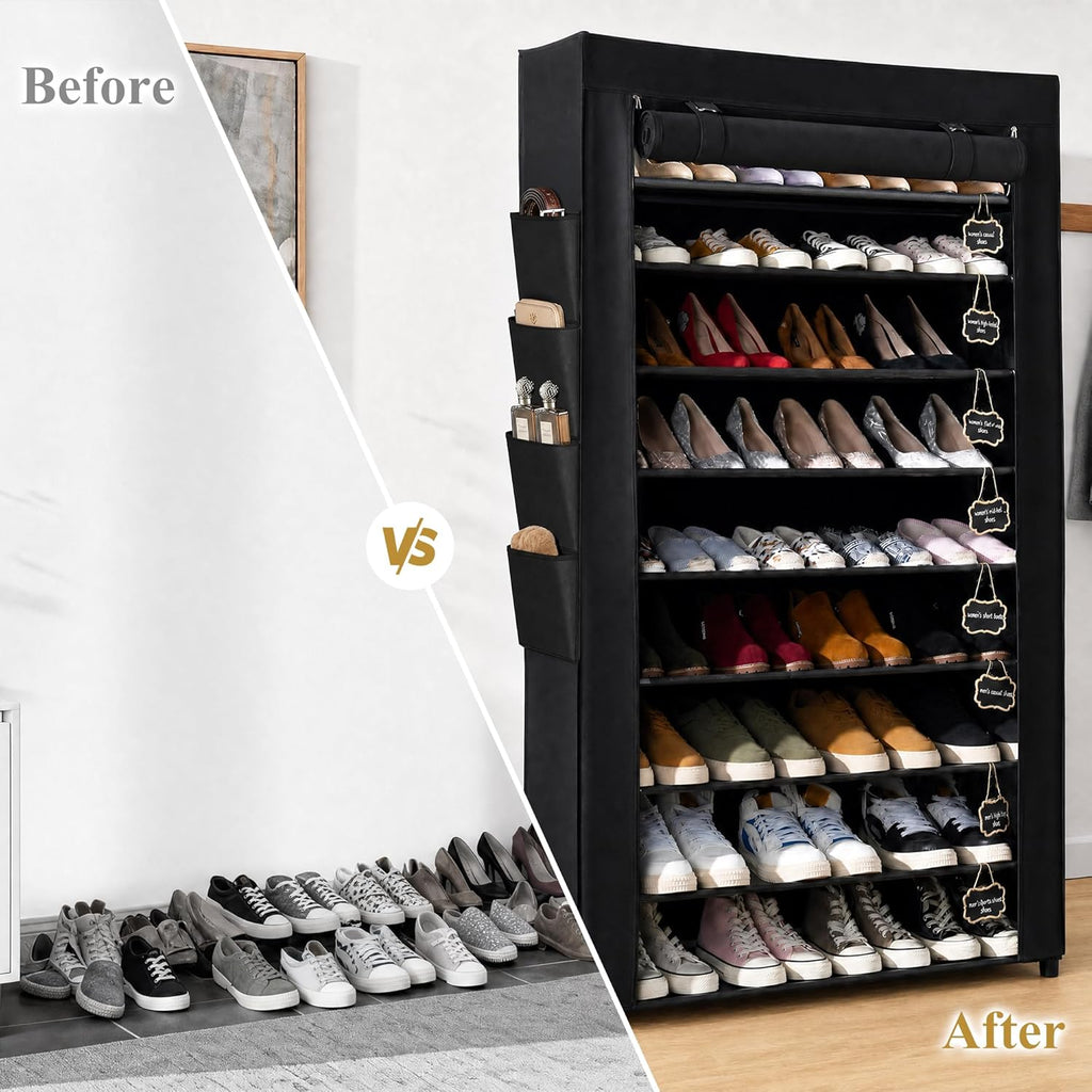 RevoHome Shoe Rack with Cover, 10 Tier Shoe Organizer for Closet, Holds 50 Pairs, Vertical Space Saving Shoe Storage Shelf with 8 Side Pockets & Chalkboard Labels for Entryway, Bedroom, Dorm