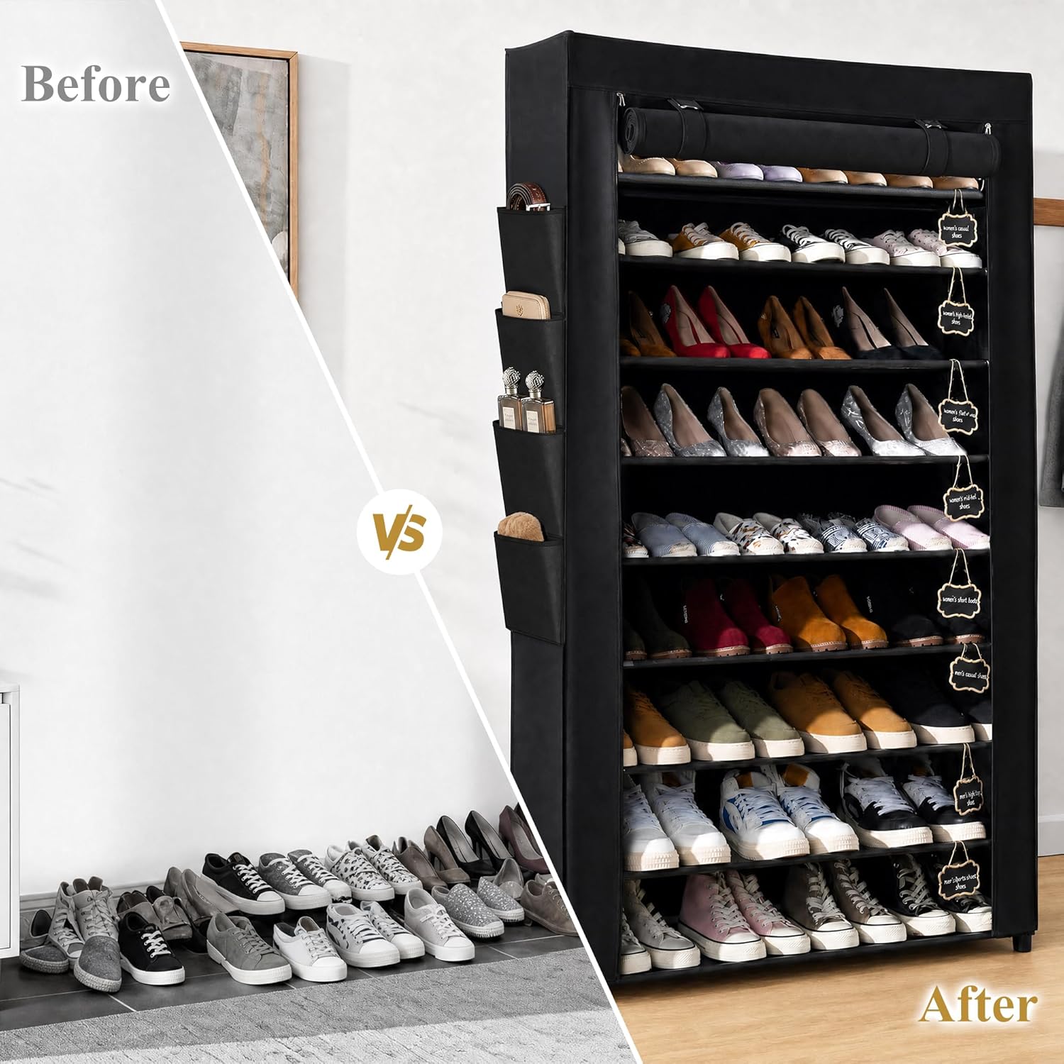 RevoHome Shoe Rack with Cover, 10 Tier Shoe Organizer for Closet, Holds 50 Pairs, Vertical Space Saving Shoe Storage Shelf with 8 Side Pockets & Chalkboard Labels for Entryway, Bedroom, Dorm