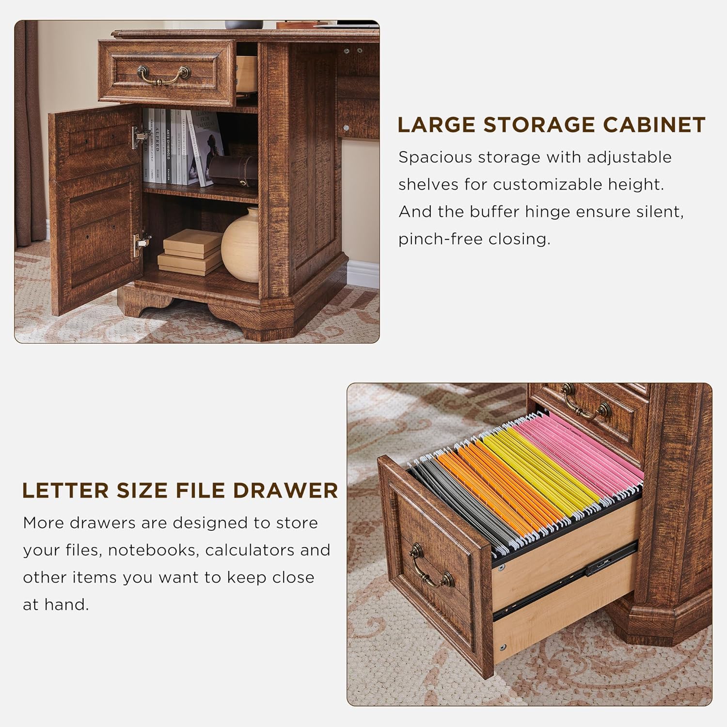 T4TREAM L Shaped Desk with Hutch,59" Farmhouse Wood Home Office Executive Desk,Charging Station,File Drawer, Storage Cabinet,Computer Desk for Work and Study (Reclaimed Barnwood)