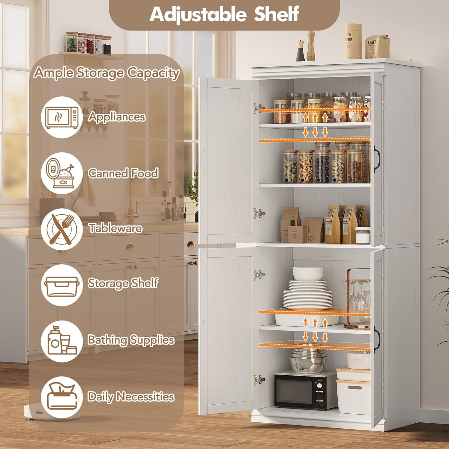 IDEALHOUSE Pantry Cabinet,70" Tall Kitchen Pantry Cabinet with Doors and Adjustable Shelves, Freestanding Cupboard, Tall Storage Cabinet for Bathroom, Dining Room, Living Room (Antique White)
