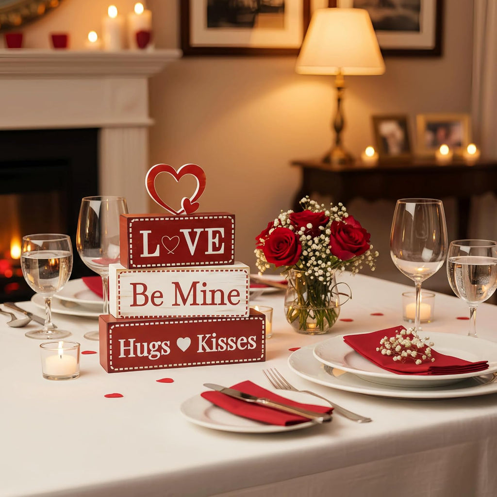 4 Pcs Valentine's Day Decorations, Wooden Valentines Decor for Home Table with Stacked Blocks & Heart Accent, Galentines Day Deco for Tiered Tray Farmhouse Shelf Mantle Home Office