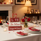 4 Pcs Valentine's Day Decorations, Wooden Valentines Decor for Home Table with Stacked Blocks & Heart Accent, Galentines Day Deco for Tiered Tray Farmhouse Shelf Mantle Home Office