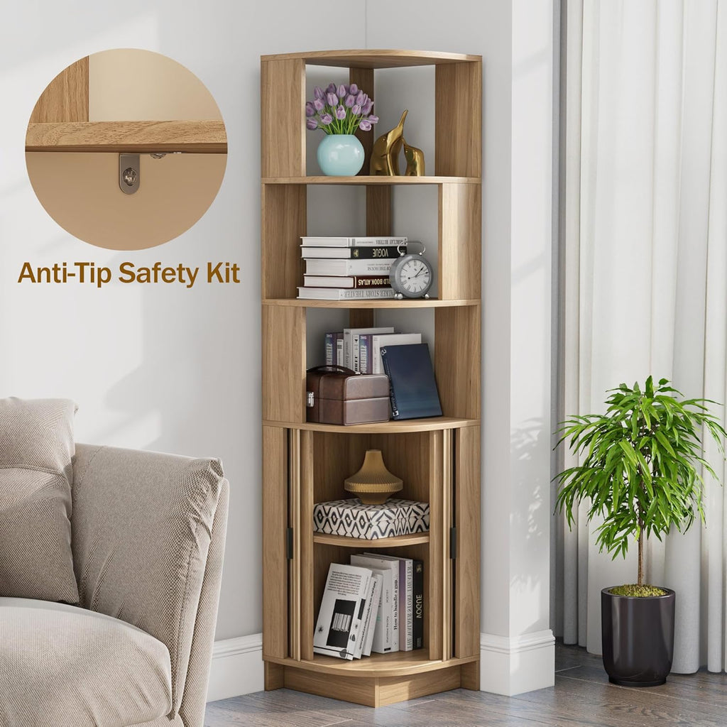 Corner Shelf, 5-Tier Corner Storage Cabinet with Fluted Doors, 64.6" Corner Shelves Bookshelf Stand Display Rack for Bedroom, Living Room, Kitchen, Home Office, Oak