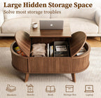 Oval Fluted Coffee Table with Lift Top, Mid Century Modern Coffee Table with 3 Hidden Storage, 39.4" Farmhouse Center Tables for Living Room Home Office, Walnut