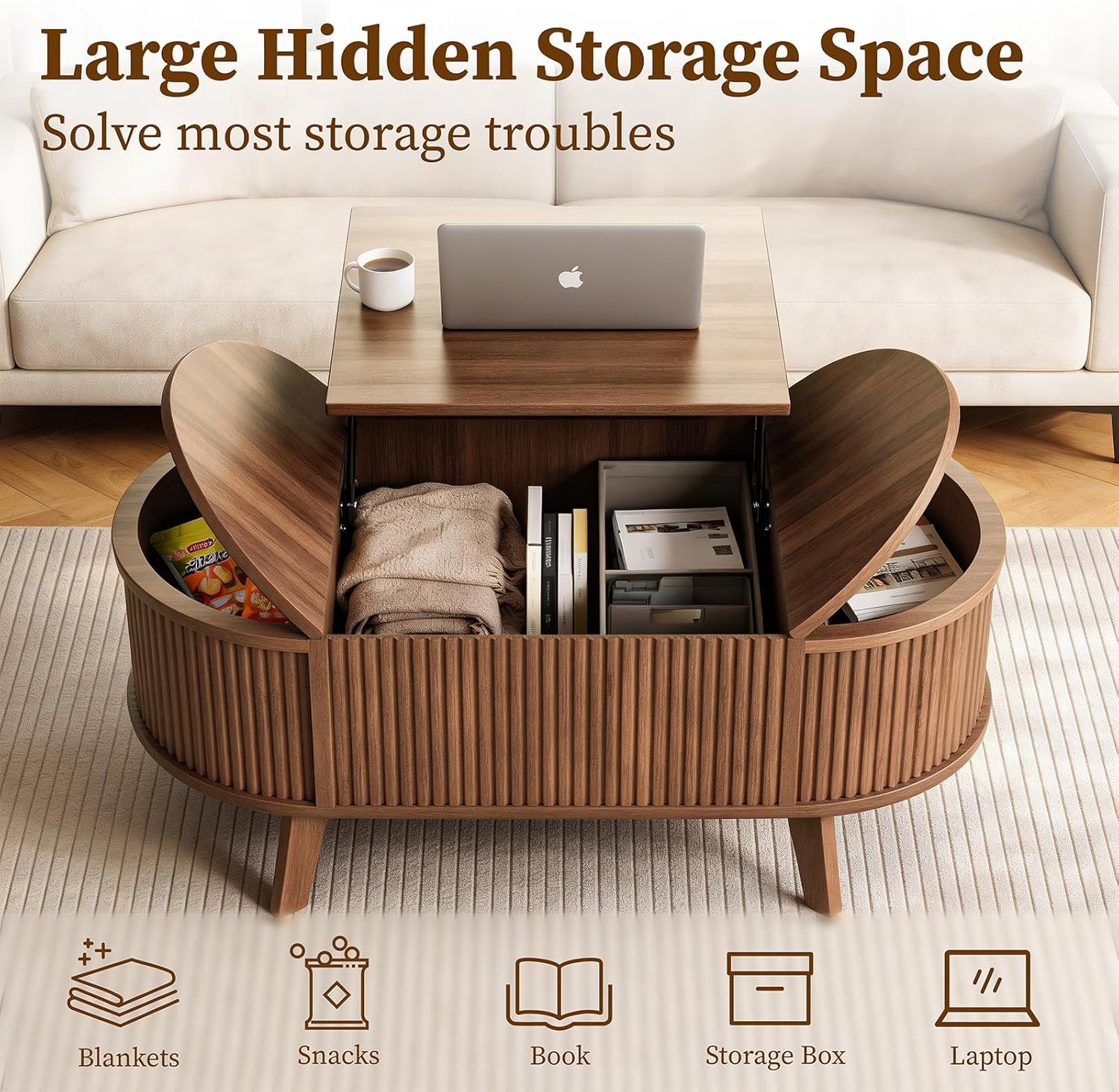 Oval Fluted Coffee Table with Lift Top, Mid Century Modern Coffee Table with 3 Hidden Storage, 39.4" Farmhouse Center Tables for Living Room Home Office, Walnut