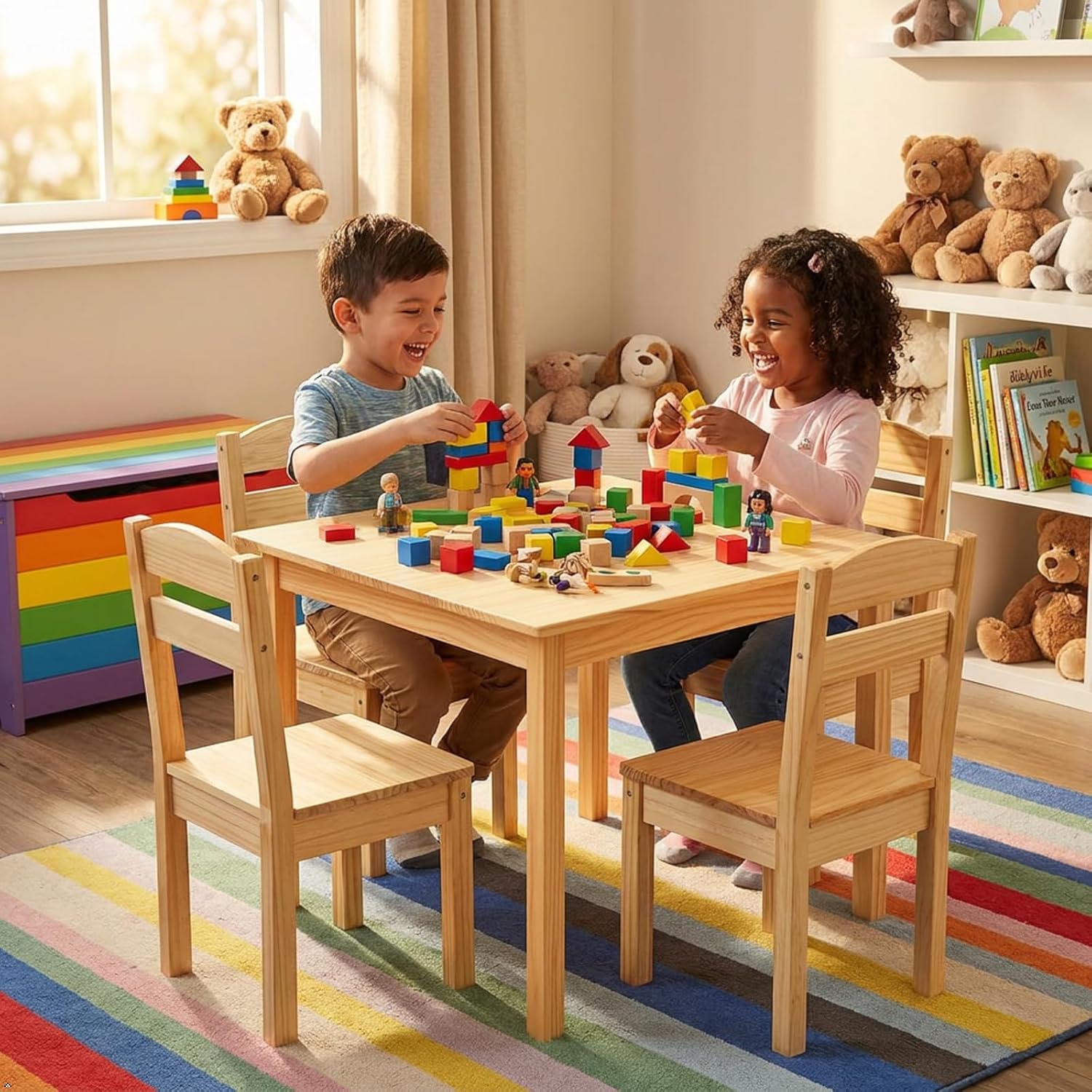 Costzon Kids Table and Chair Set, 5 Piece Wood Activity Table & Chairs for Children Arts, Crafts, Homework, Snack Time, Preschool Furniture, Gift for Boys Girls, Toddler Table and Chair Set (Natural)