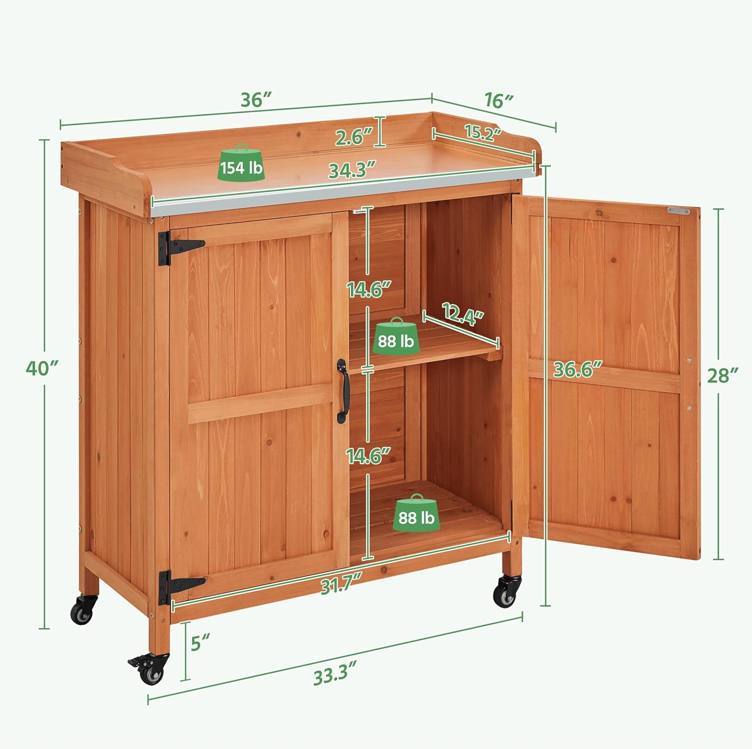 Topeakmart Potting Bench Table - Wooden Storage Cabinet with Removable Shelf & Flexible Space & Metal-Plated Tabletop for Outdoor Garden Patio,Brown