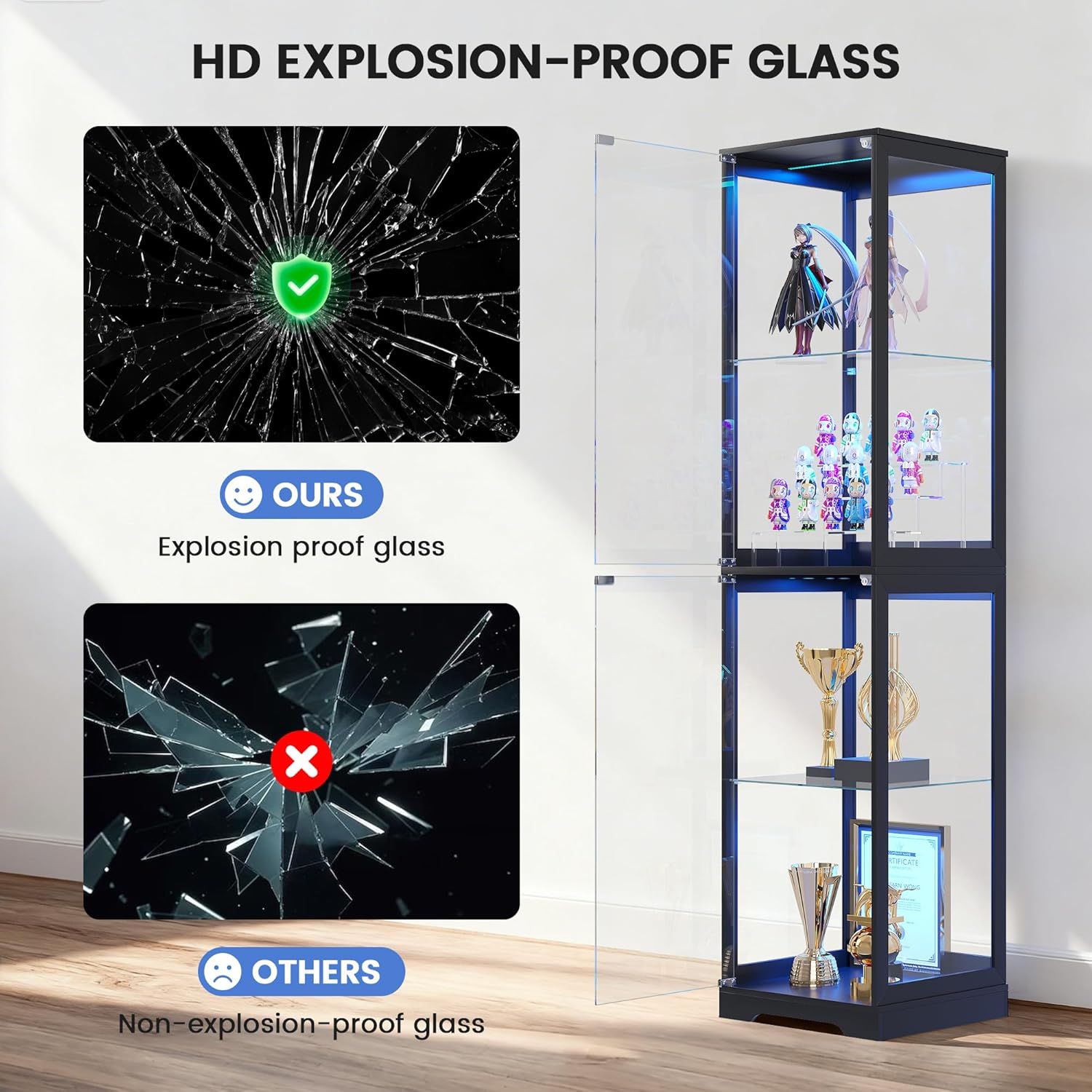 Glass Display Cabinet with Doors, 65" Tall 4-Tier Curio Display Case with 3 Color Lights and Human Body Sensor, Bookcase for Collectibles, Black