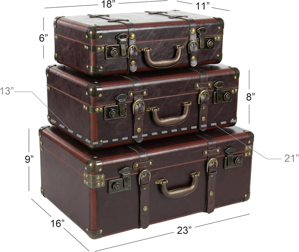 Deco 79 Faux Leather Decorative Trunk Nesting Upholstered Decorative Large Boxes with Vintage Accents and Studs, Set of 3 Storage Trunks 18", 21", 23"W, Brown