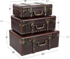 Deco 79 Faux Leather Decorative Trunk Nesting Upholstered Decorative Large Boxes with Vintage Accents and Studs, Set of 3 Storage Trunks 18", 21", 23"W, Brown