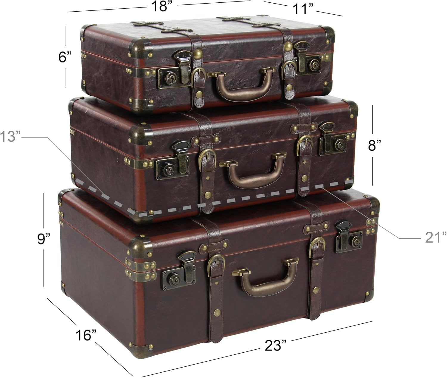 Deco 79 Faux Leather Decorative Trunk Nesting Upholstered Decorative Large Boxes with Vintage Accents and Studs, Set of 3 Storage Trunks 18", 21", 23"W, Brown