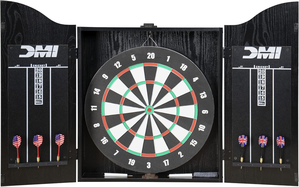 DMI Americana Dartboard Cabinet Set with 18-Inch Paper Dartboard, Reversible Baseball Game, Built-in Cricket Scoring, Darts, Chalk & Mounting Hardware – Classic Black Finish