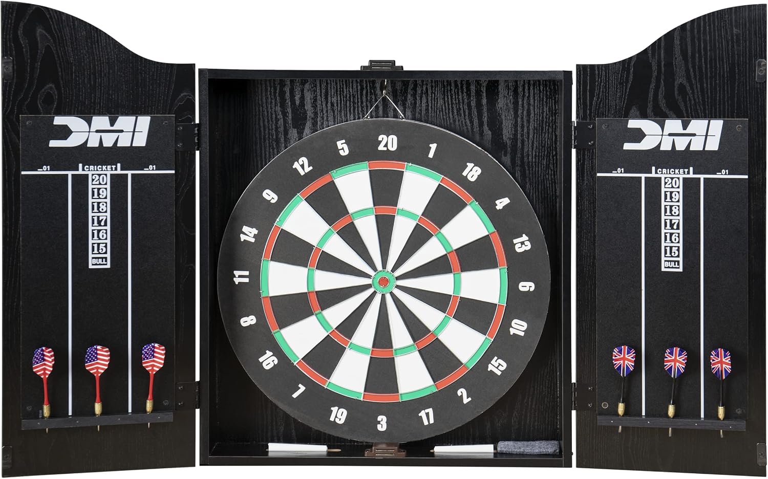 DMI Americana Dartboard Cabinet Set with 18-Inch Paper Dartboard, Reversible Baseball Game, Built-in Cricket Scoring, Darts, Chalk & Mounting Hardware – Classic Black Finish