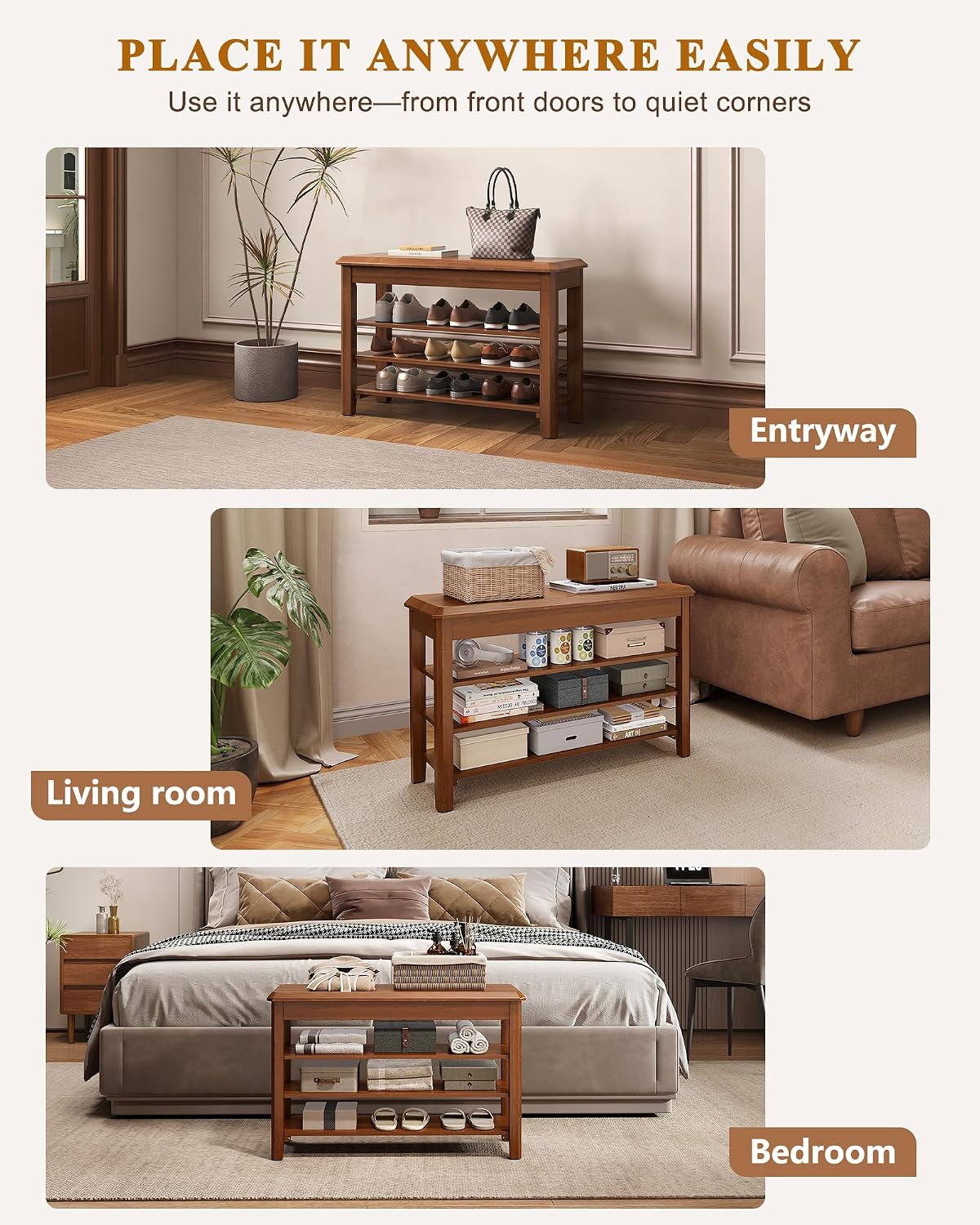 IUNVR Shoe Rack Bench Seat Rubberwood 3-Tier Wooden Storage Bench 550lbs Compact Mid-Century Modern Design for Entryway, Hallway, Closet, Front Door Entrance, Foyer