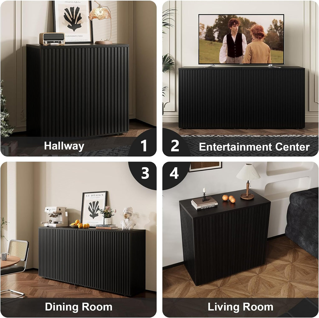 Rophefx Fluted Sideboard Cabinet, Buffet Cabinet with Storage, Credenza Storage Cabinets with Adjustable Shelf, Wood Entryway Cabinets with Pop-up Doors for Living Room, Entryway, Hallway, Black