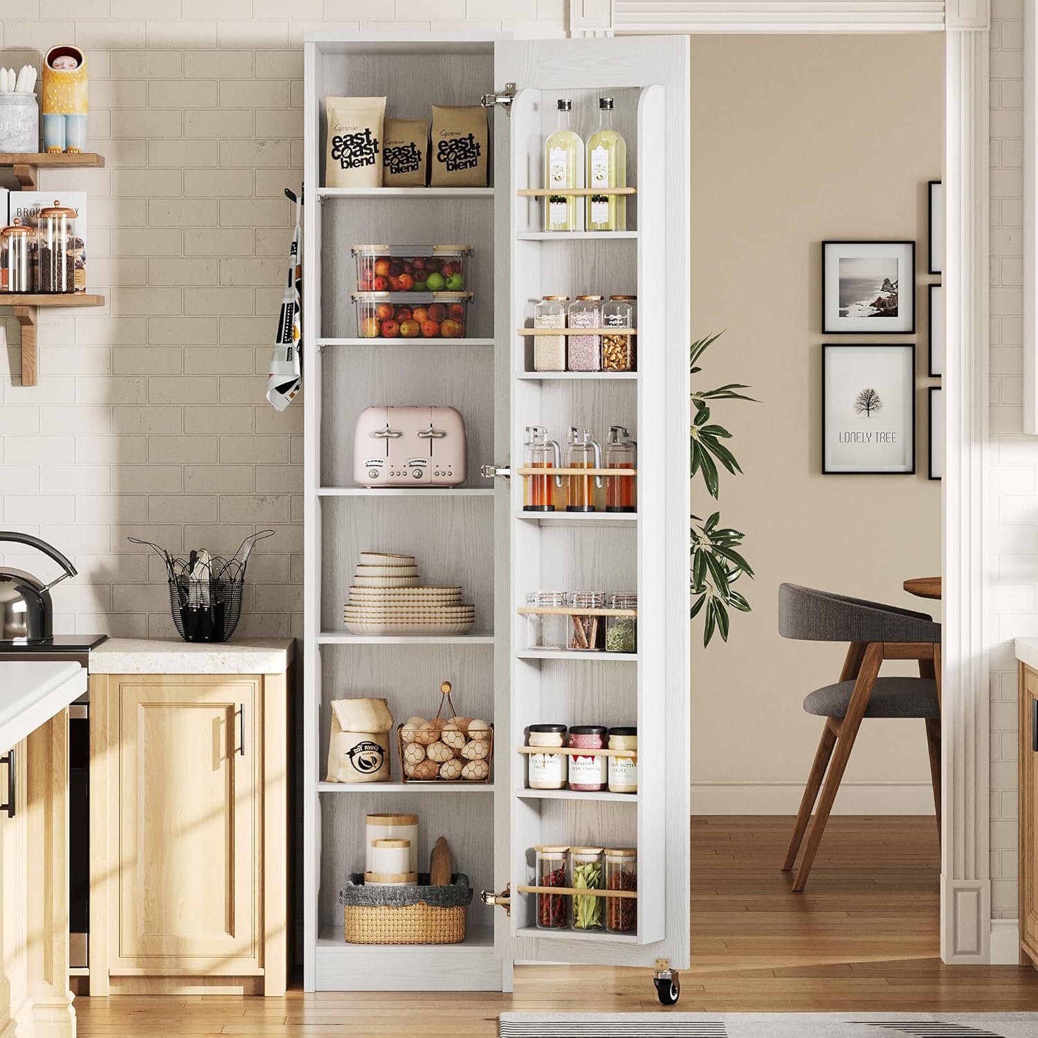IRONCK Narrow Kitchen Pantry Storage Cabinet, 72" Slim Single Door with 6 Adjustable Shelves, Door Rack and Wheels, Space Saving Freestanding Storage Floor Cabinet for Small Place, White