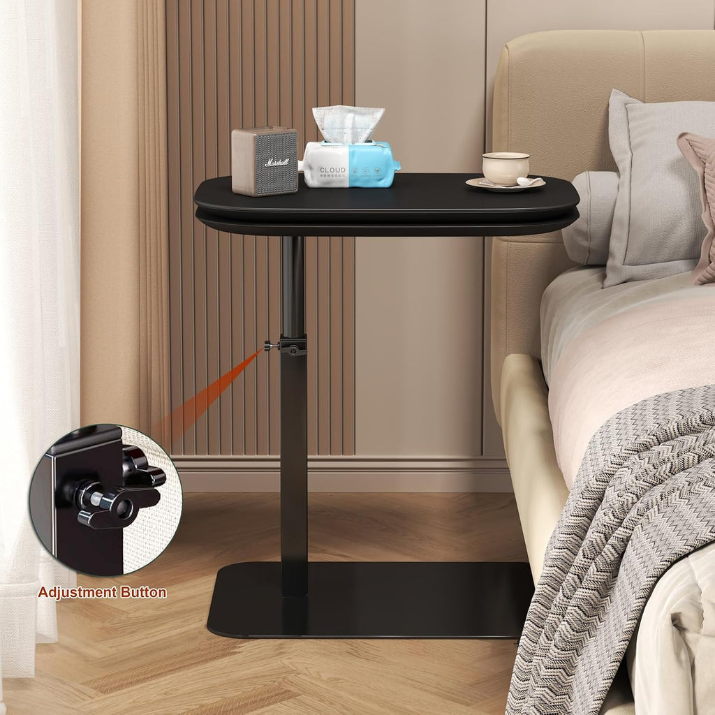 Adjustable Height C Shaped Side Table, 360°Swivel C Shaped End Table, Double Tabletop Laptop Stand, Couch Side Tables that Slide Under,Rotating Small Coffee Table for Sofa/Bed (Black)