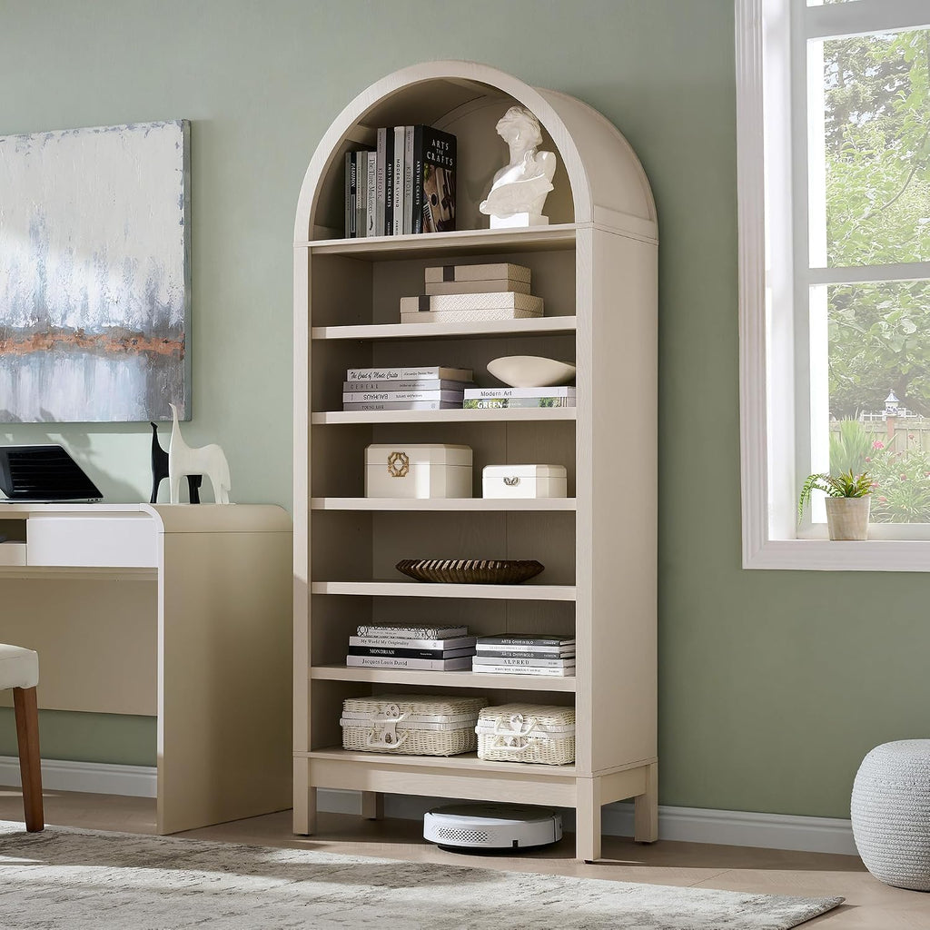 IFBUY 71" Tall Arched Bathroom Storage Cabinet, 7-Tier Modern Farmhouse Storage Cabinet with Adjustable Shelves, Wood Freestanding Cabinet for Bathroom, Living Room, Entryway, Hallway (Cream)