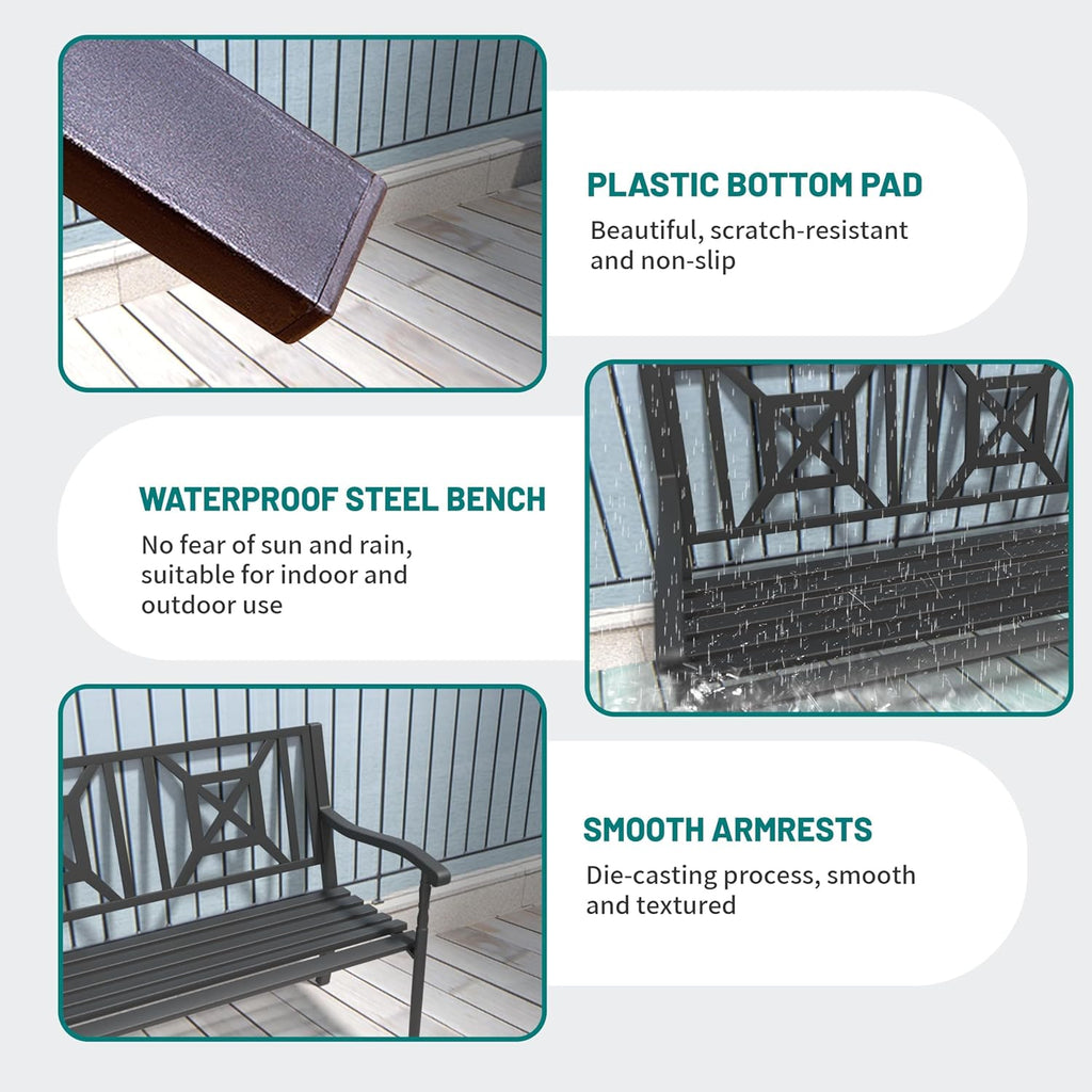 Metal Bench Patio Bench, Outdoor Benches Weatherproof with Lattice Backrest, Wrought Iron Garden Benches for Outdoors, Patio, Garden, Park, 2 Pack