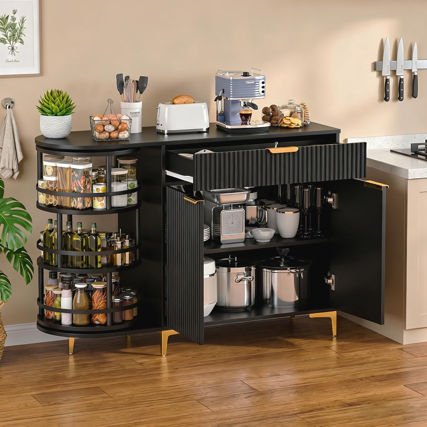 Buffet Cabinet with Storage,Sideborad Buffet Cabinet with Drawer & 2Doors,Kitchen Buffet Storage Accent Cabinets with 360°Rotating Organizer for Living Room, Entry, Hallway