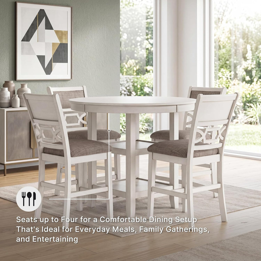 Signature Design by Ashley Erinberg Casual Counter Height Dining Table and 4 Armless Upholstered Bar Stools with Footrest and 2 Shelves, Set of 5, White & Light Gray