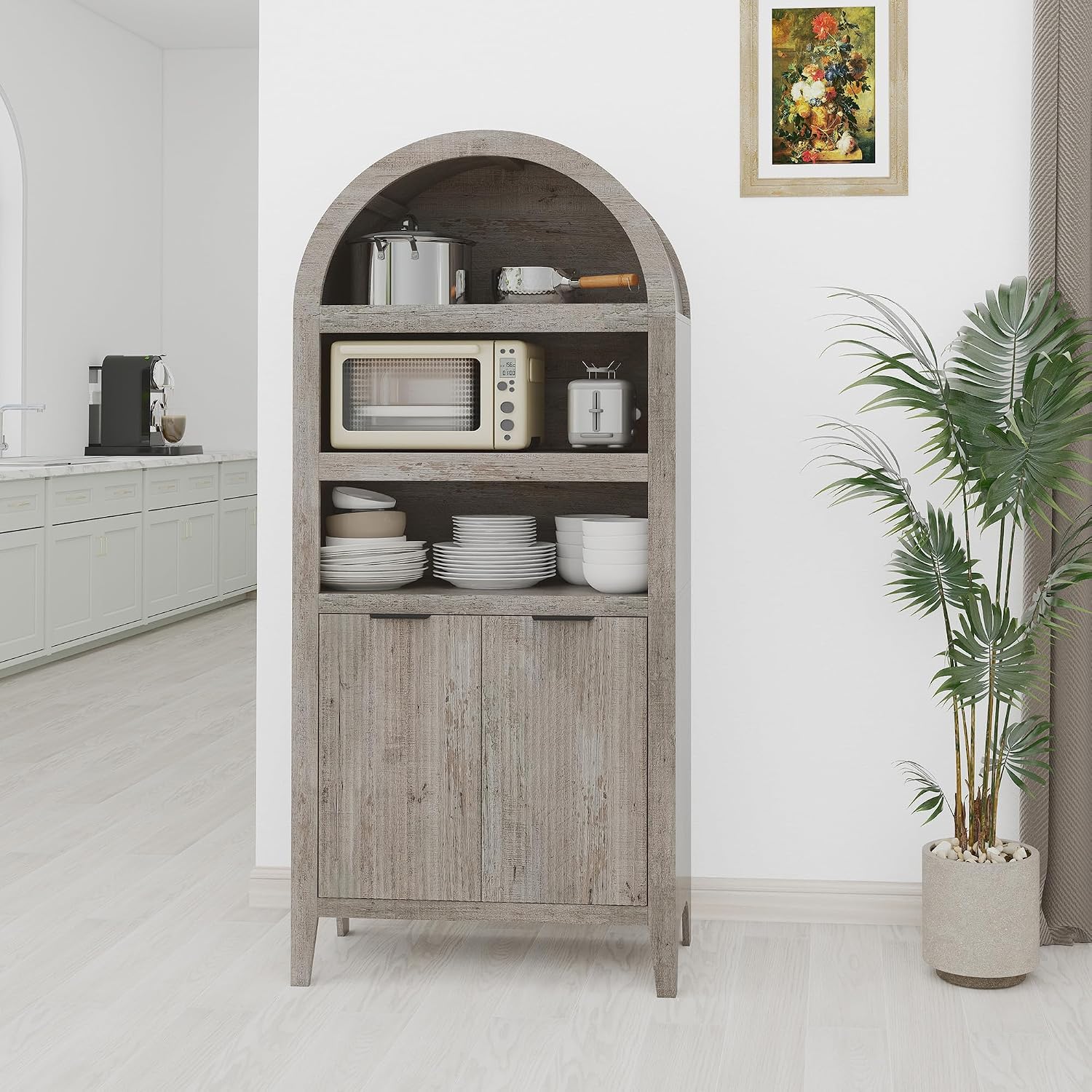 blini 70" Tall Arched Cabinet, Wooden Kitchen Pantry Arched Cabinet with Fluted Doors Versatile Kitchen Hutch Storage Organizer for Dining Room