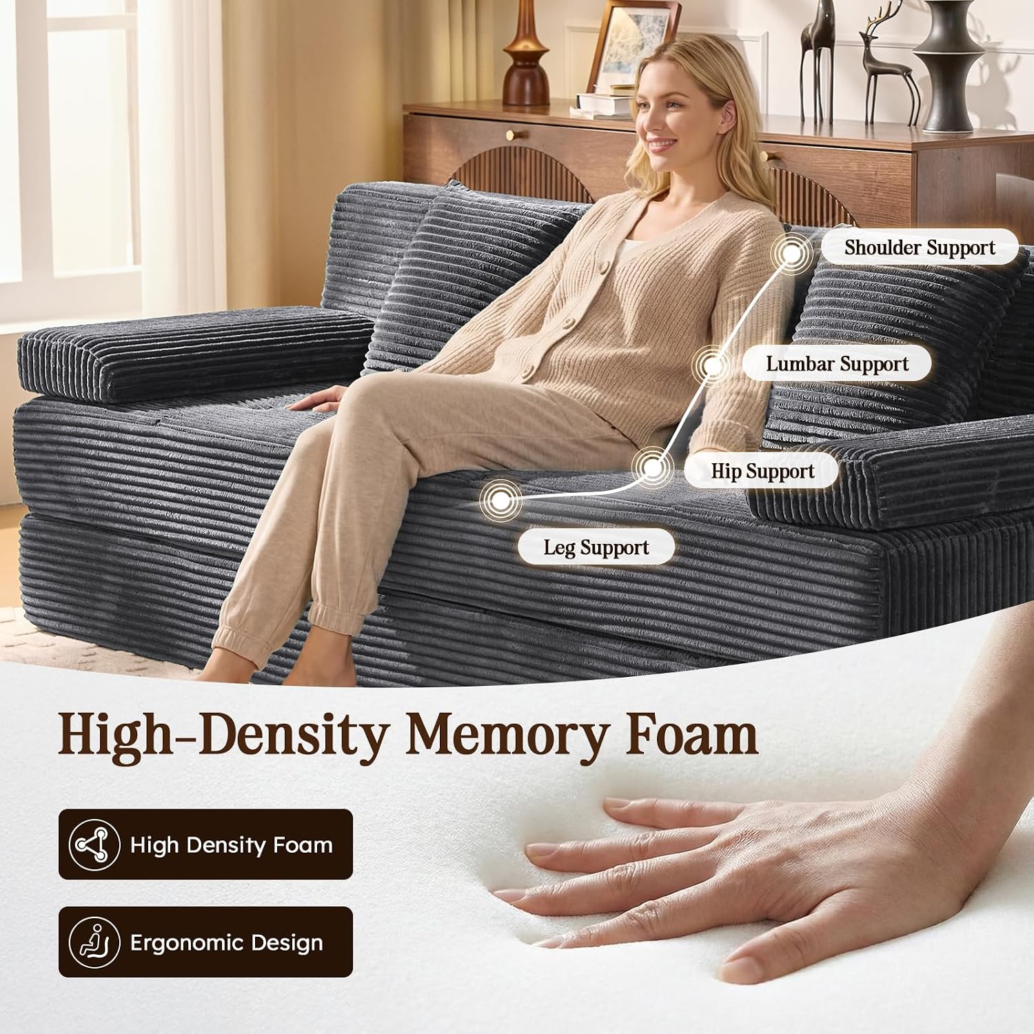 78.7IN Folding Sofa Bed - Convertible Sleeper Sofa Couch with Zippered Pillows, 3 Seater Couches Bed for Living Room, Bedroom, Apartment, No Assembly Required, Freestanding, Corduroy, Gray