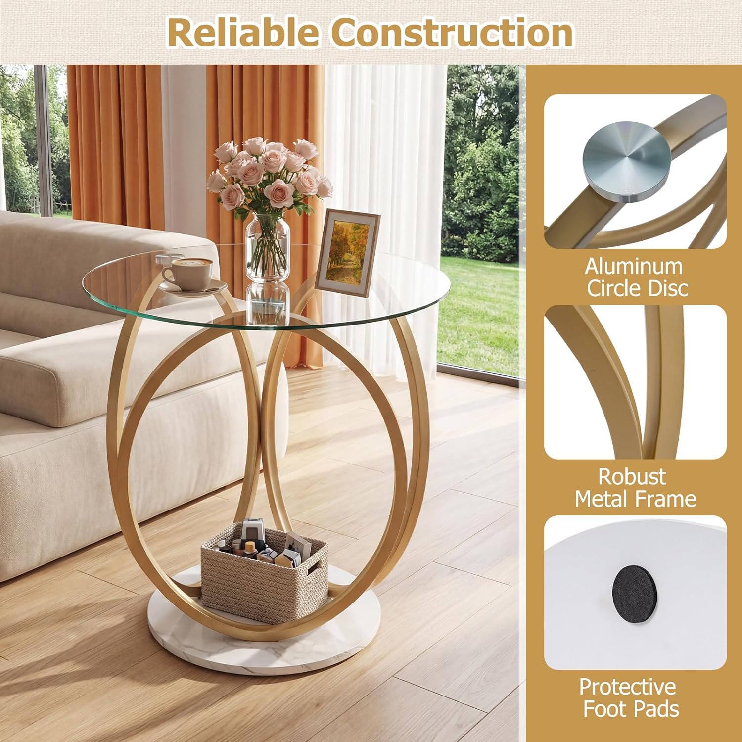 Giantex Round End Table Set of 2, Faux Marble Sofa Couch Side Table w/Tempered Glass Tabletop & Ring Gold Metal Frame, Small Coffee Tables for Decoration, Bedside Night Stand for Bedroom Living Room
