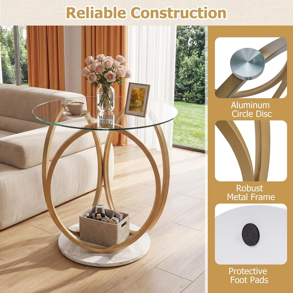Giantex Round End Table, Faux Marble Sofa Couch Side Table with Tempered Glass Tabletop & Ring Gold Metal Frame, Small Coffee Tables for Decoration, Bedside Night Stand for Bedroom Living Room