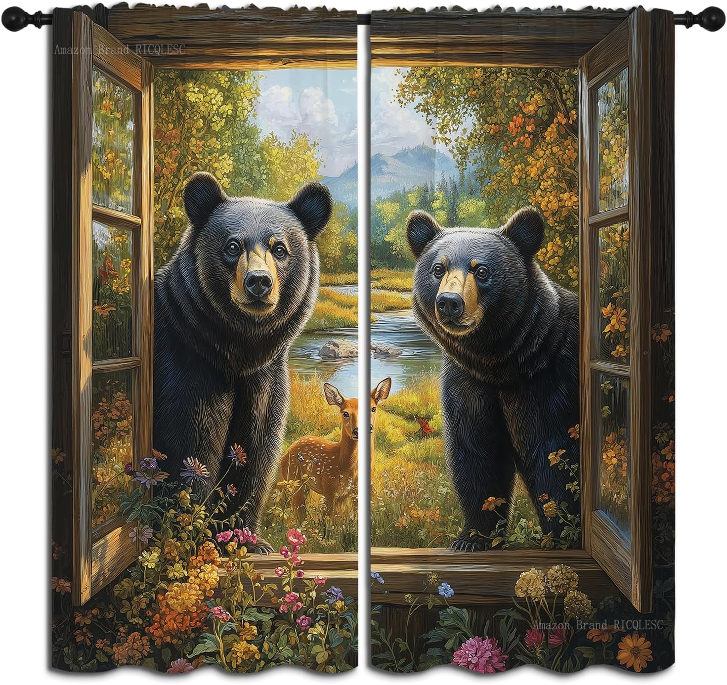 Black Bear Boy Girls Blackout Curtains, Country Farmhouse Hunting Cabin Animal Rustic Farm Nature Landscape, 2 Panel Rod Pocket Thermal Insulated Drapes for Bedroom Living Kids Room Deco 42x45 inch