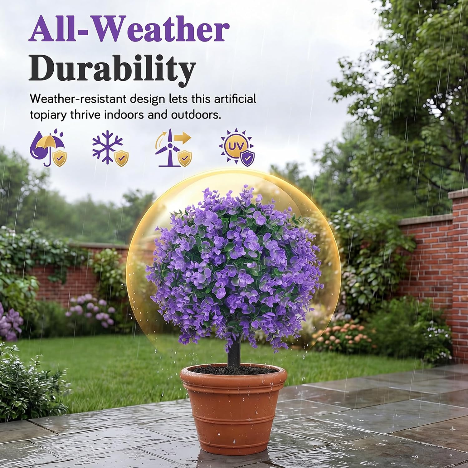 PATIO CHOICE Topiary Trees Artificial Outdoor Boxwood Ball Trees with Lavender Set of 2 22" Artificial Faux Plants Realistic Bushes Fake Shrubs Decorations for Outdoor Indoor Front Porch Garden