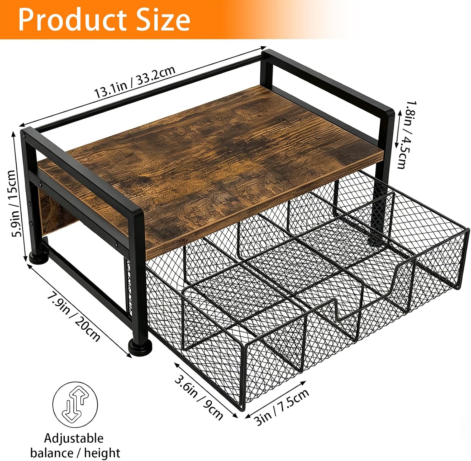 Tea Bag Organizer for Kitchen Countertop, Wooden Tea Box Organizer with Drawer and Top Tray, Tea Station Organizer, Tea Bag Holder and Tea Storage Box for Coffee Bar, Pantry, Rustic Brown